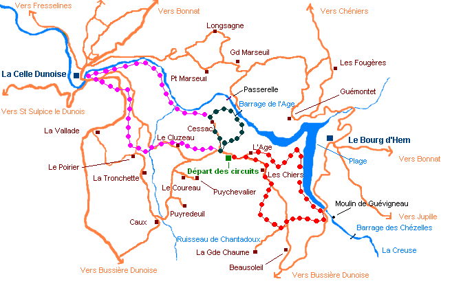 Carte des circuits de randonnées pédestres à La Celle Dunoise